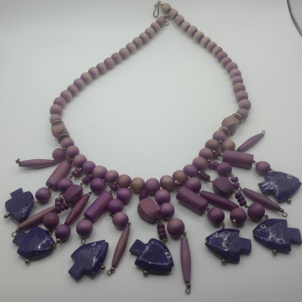 Vintage Purple Wooden Statement Necklace – 20" – Fish & Beaded Dangles